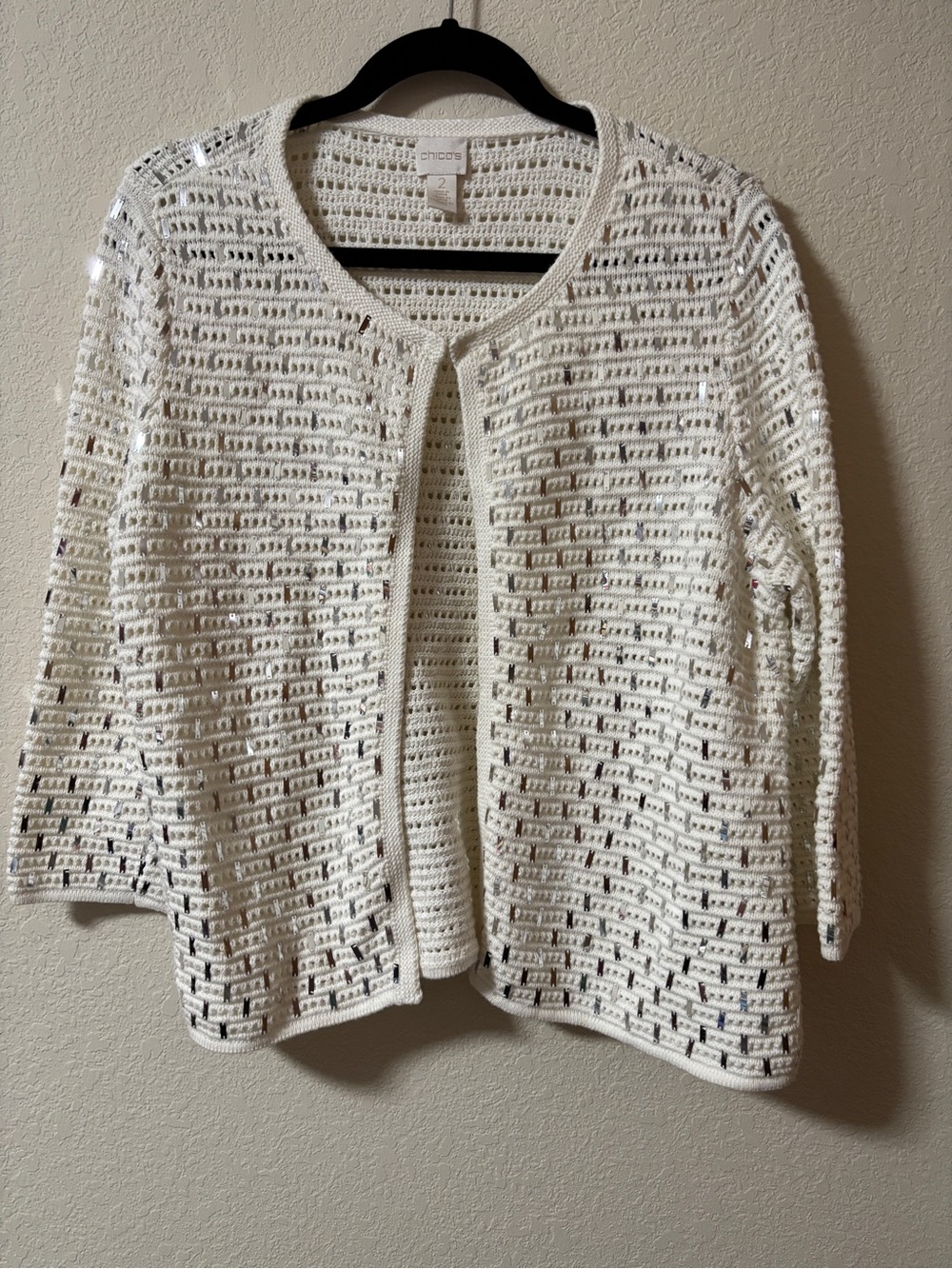 Chico's Cream Open-Weave Cotton Cardigan Mirror Sequins Open Front Size 2/Large